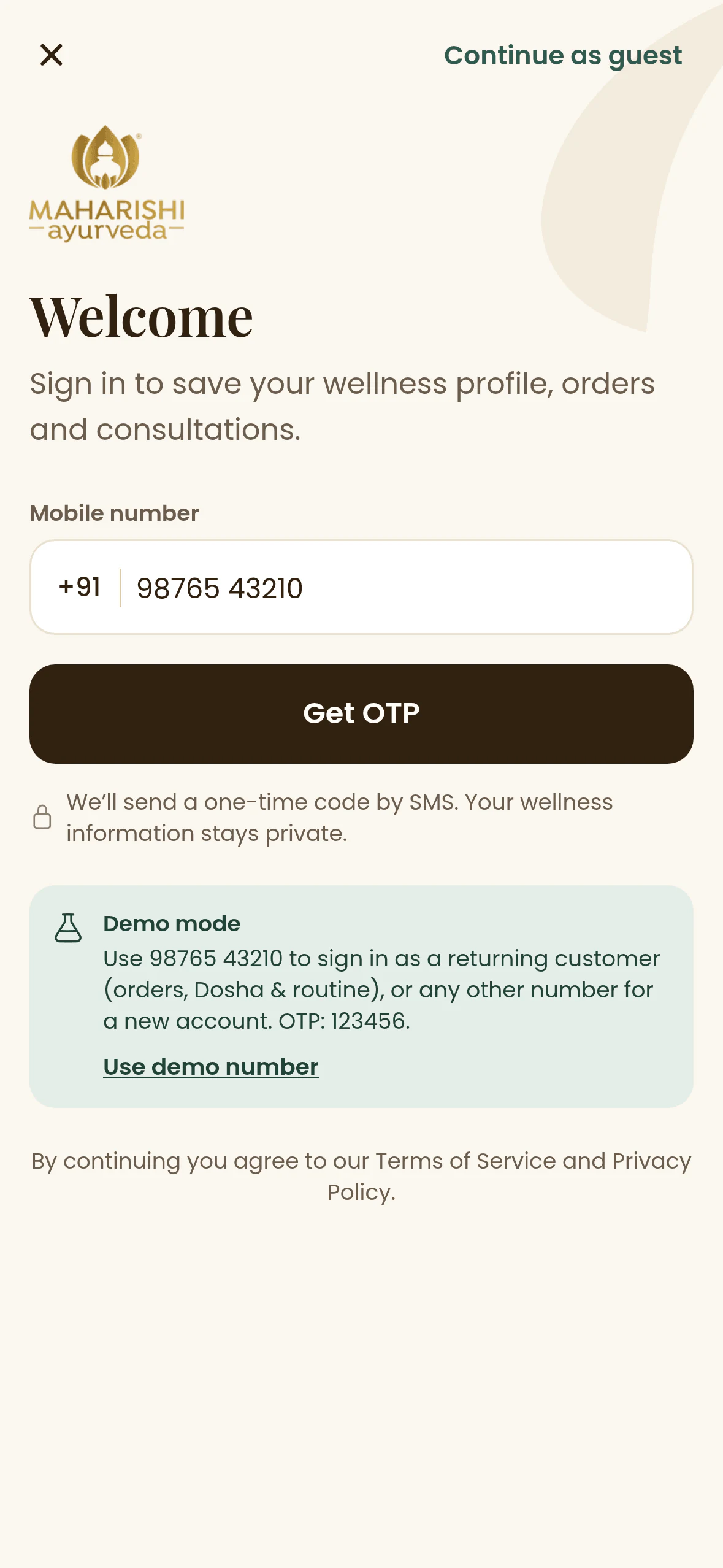 Maharishi Ayurveda: Sign in. Mobile number sign-in.