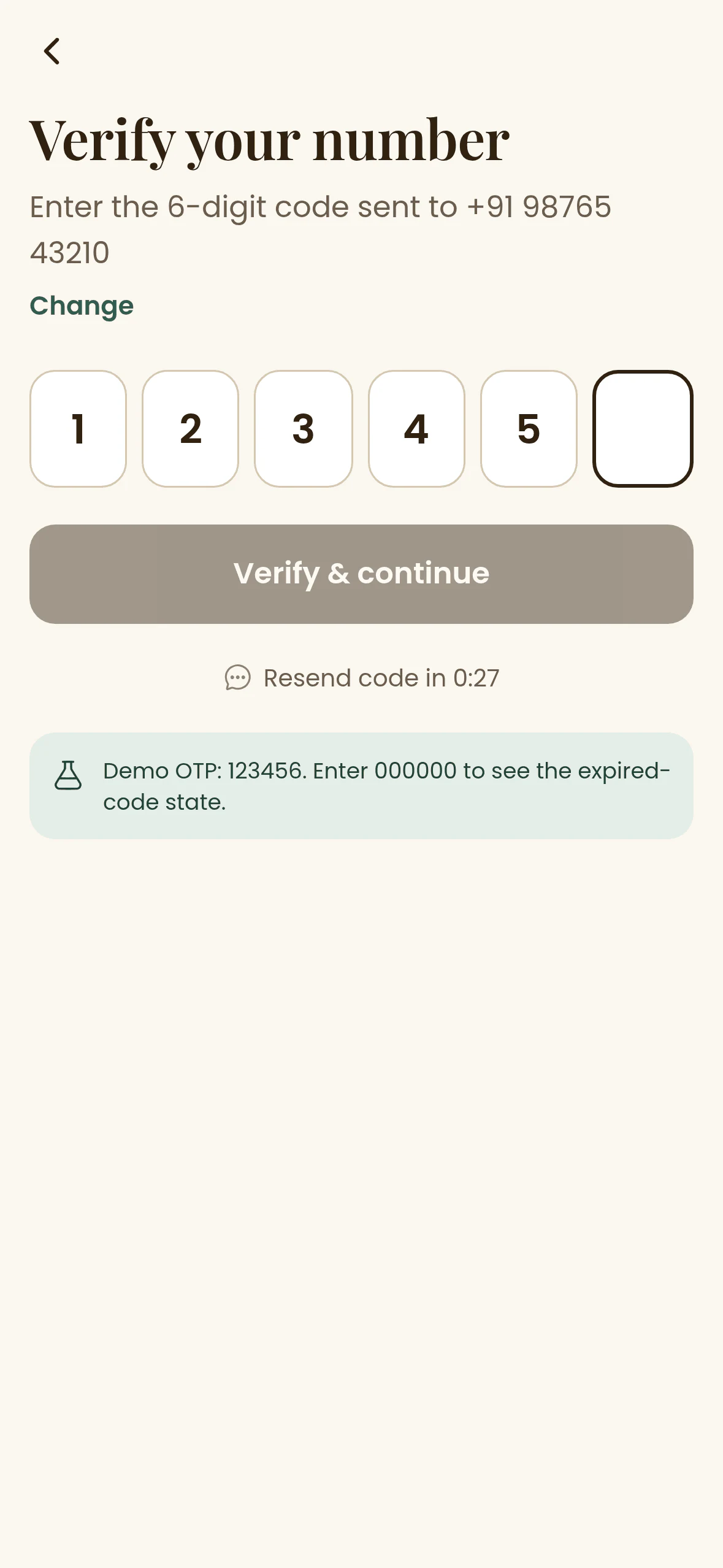 Maharishi Ayurveda: Verify. One-time passcode verification.