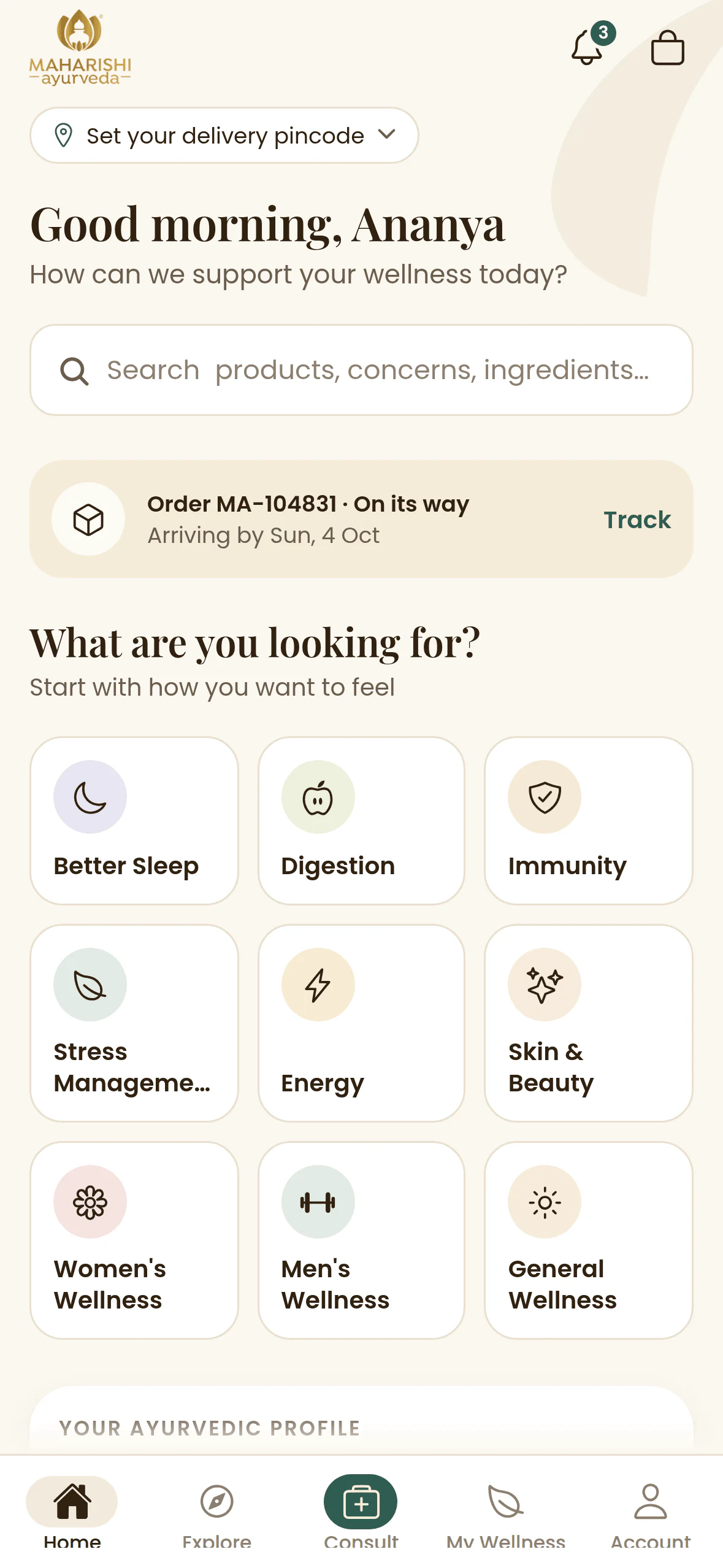 Maharishi Ayurveda app home screen