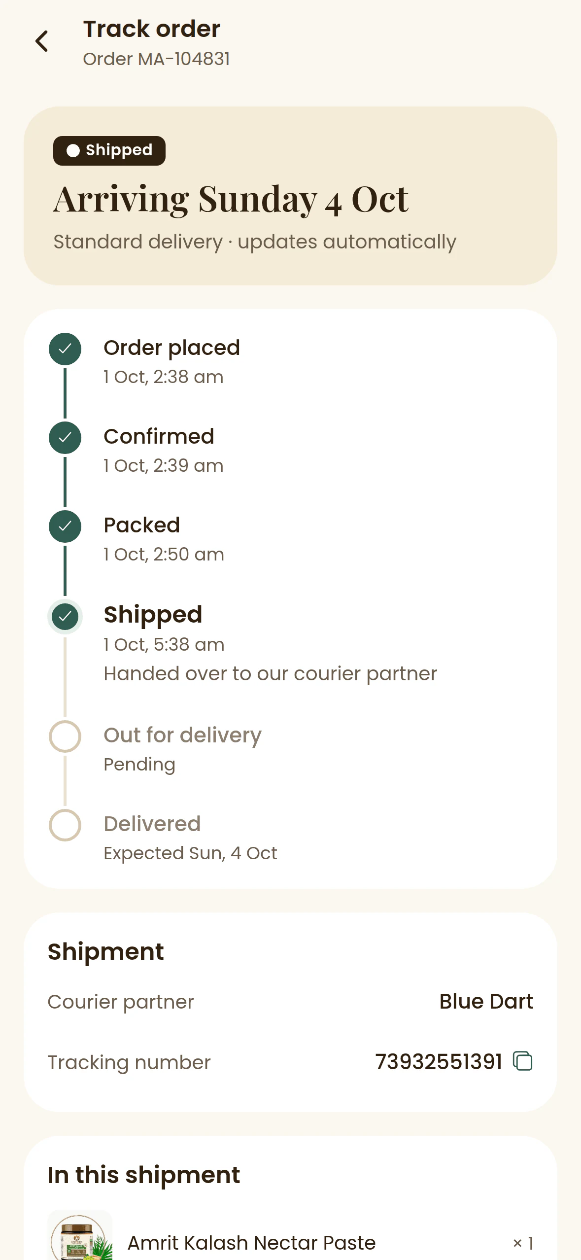 Maharishi Ayurveda: Track order. Timeline, courier and items.