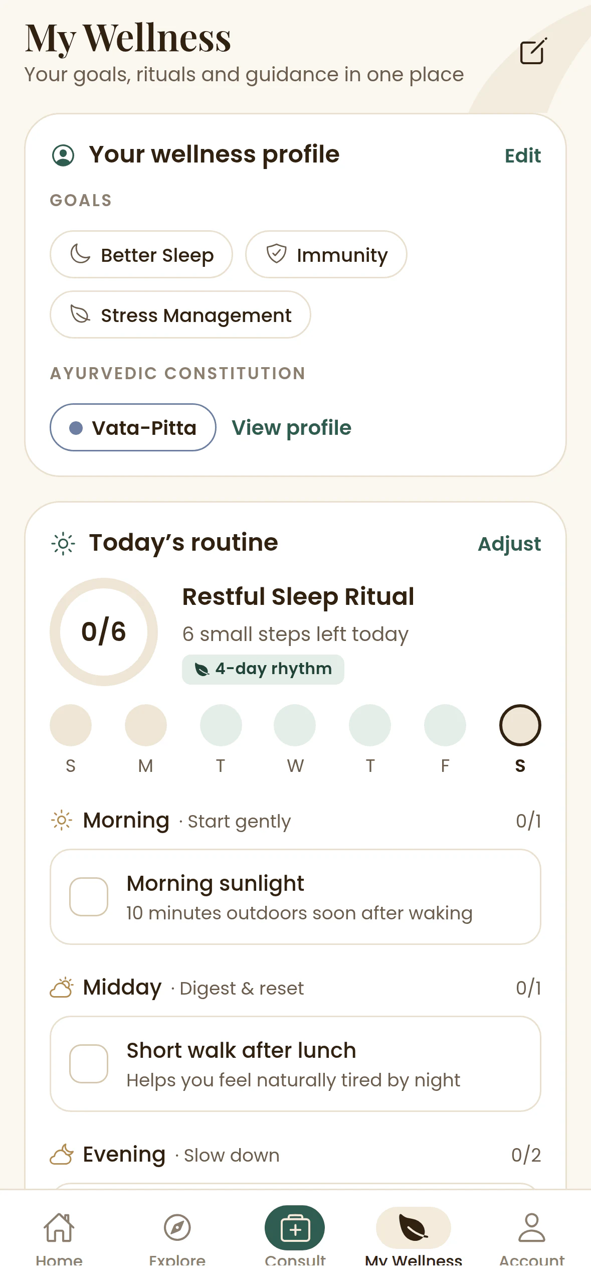 Maharishi Ayurveda: My Wellness. Goals, constitution and today's routine.
