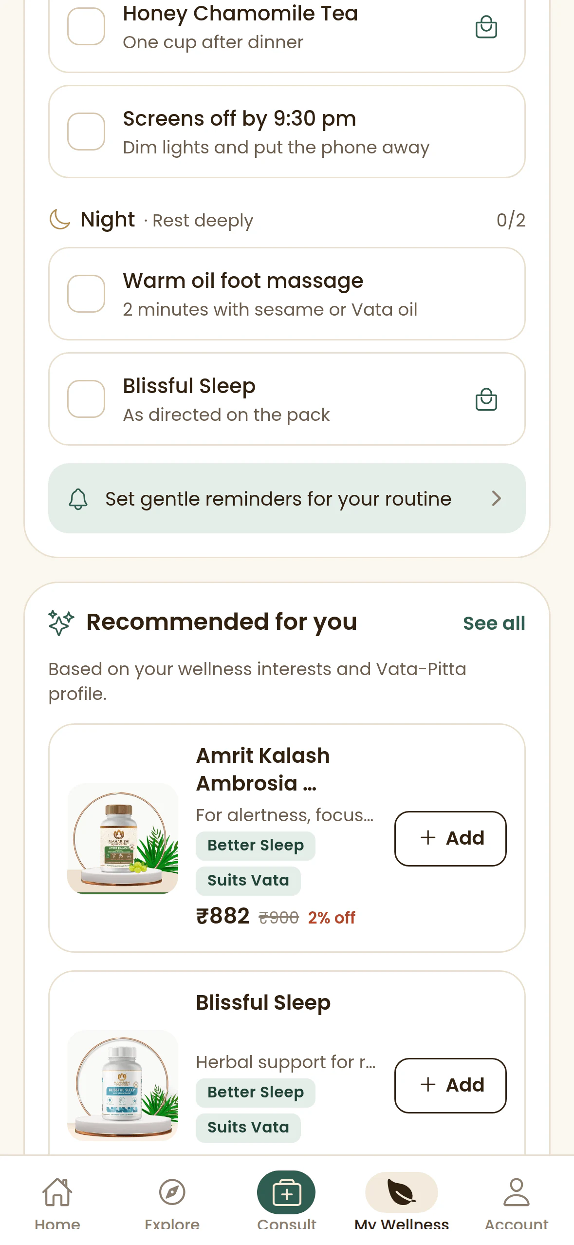 Maharishi Ayurveda: Routine. Daily checklist and recommendations.