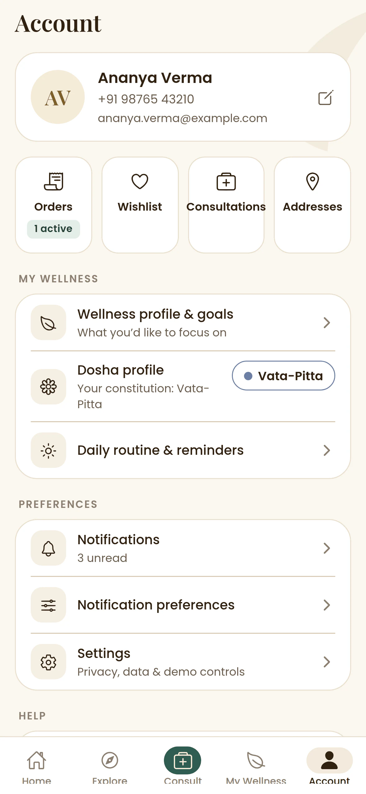 Maharishi Ayurveda: Account. Orders, wishlist, consultations and preferences.
