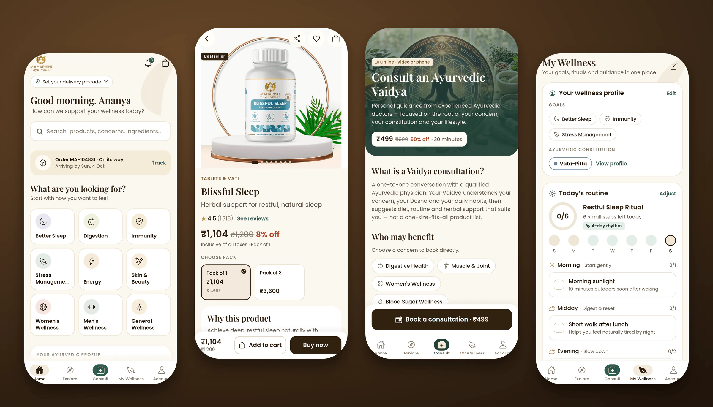 Maharishi Ayurveda app screens