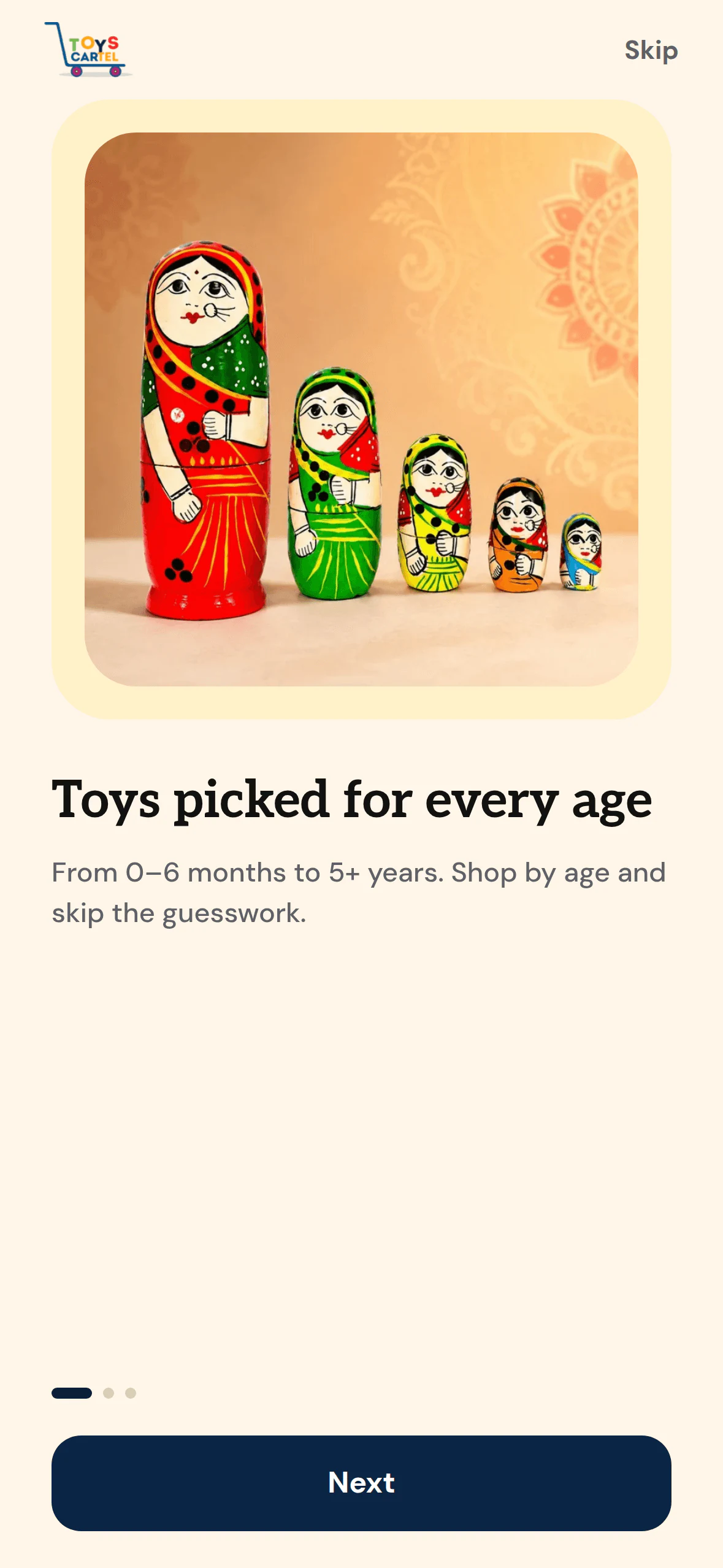 Toys Cartel: Onboarding. Toys picked for every age.