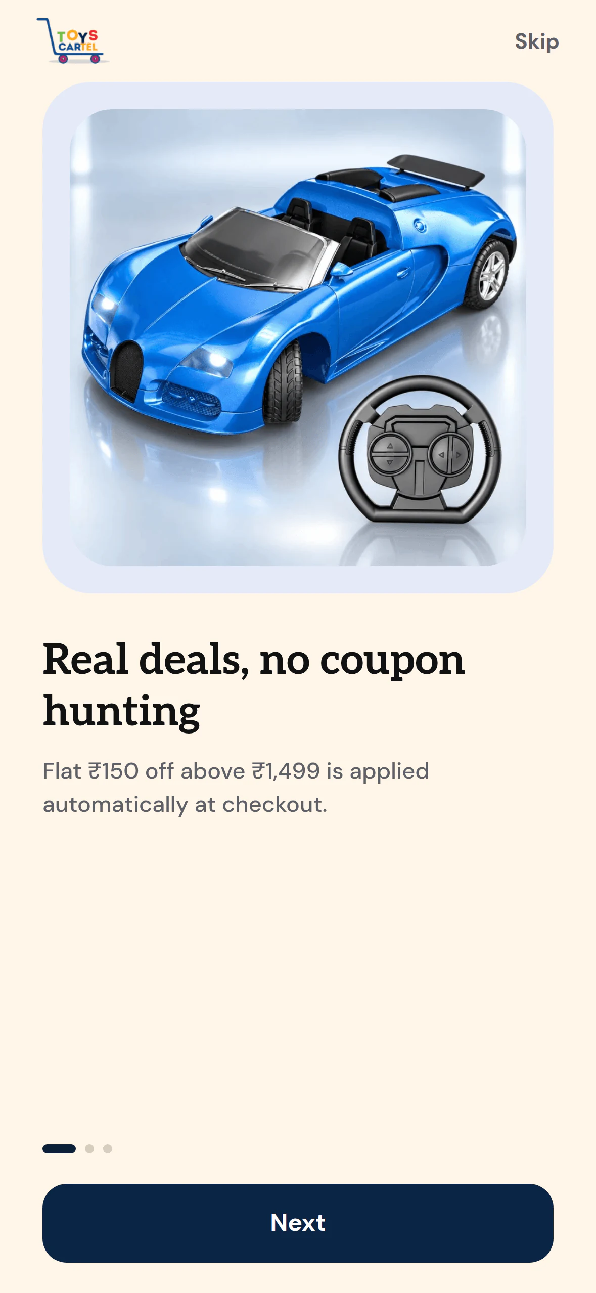 Toys Cartel: Onboarding. Real deals, no coupon hunting.