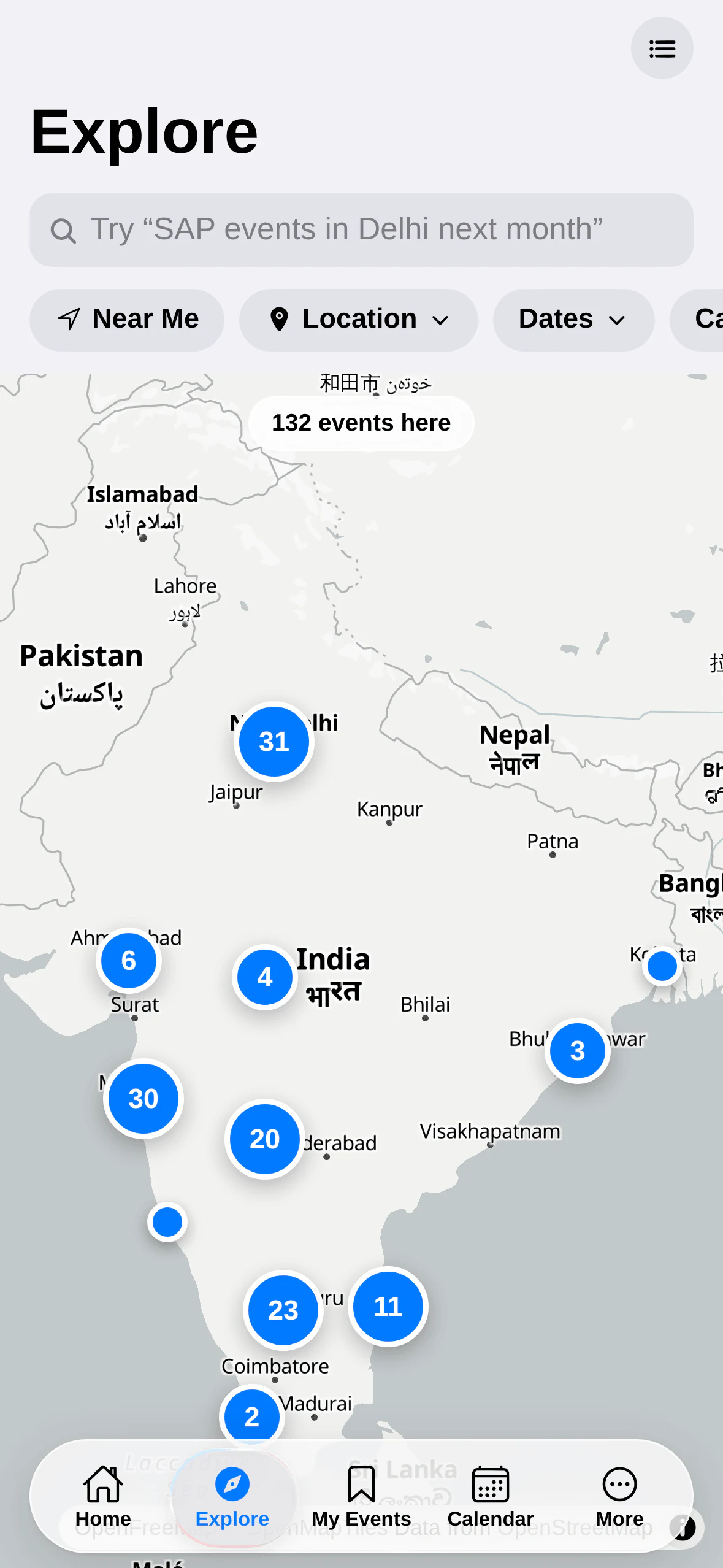 Event Intelligence India: Map. Clustered event counts across India.