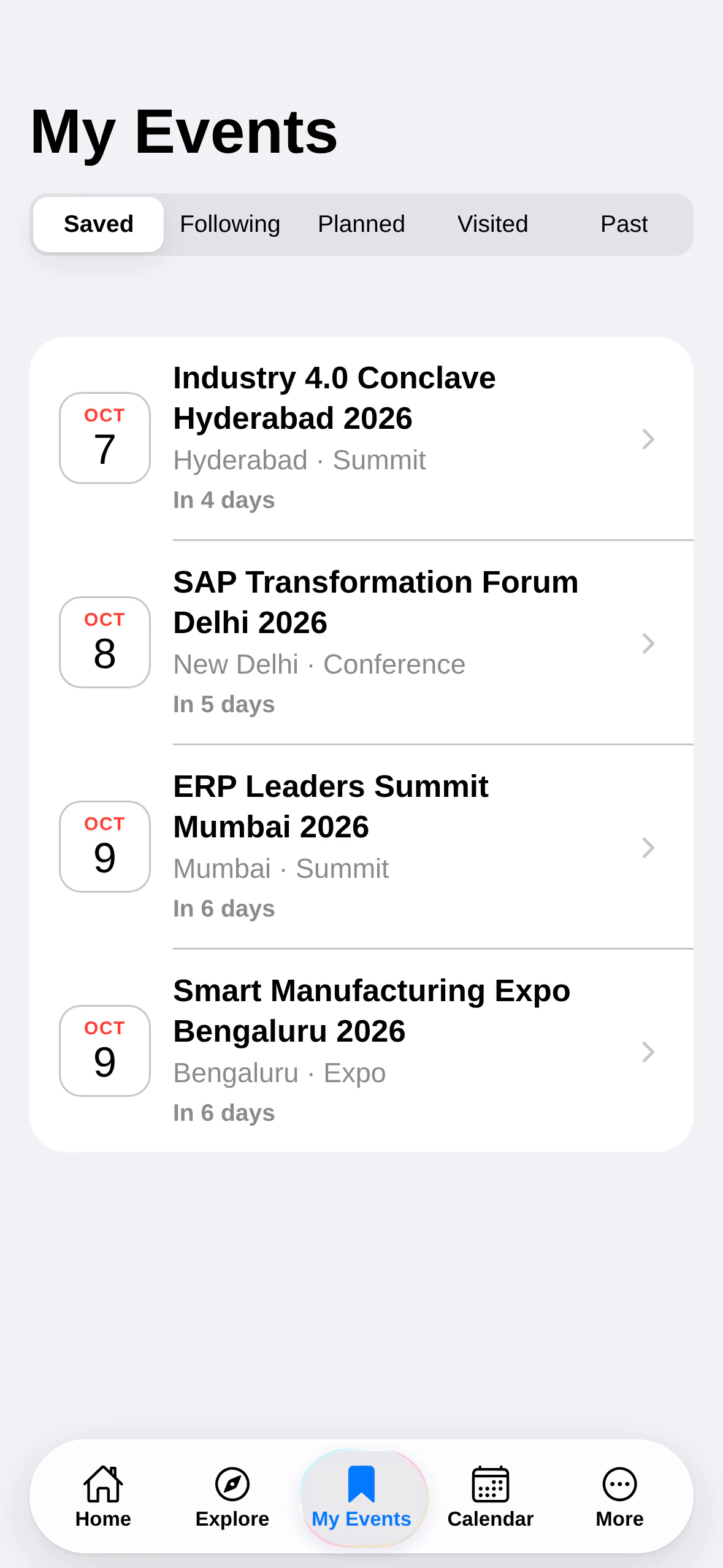 Event Intelligence India: My events. Saved, following, planned, visited and past.