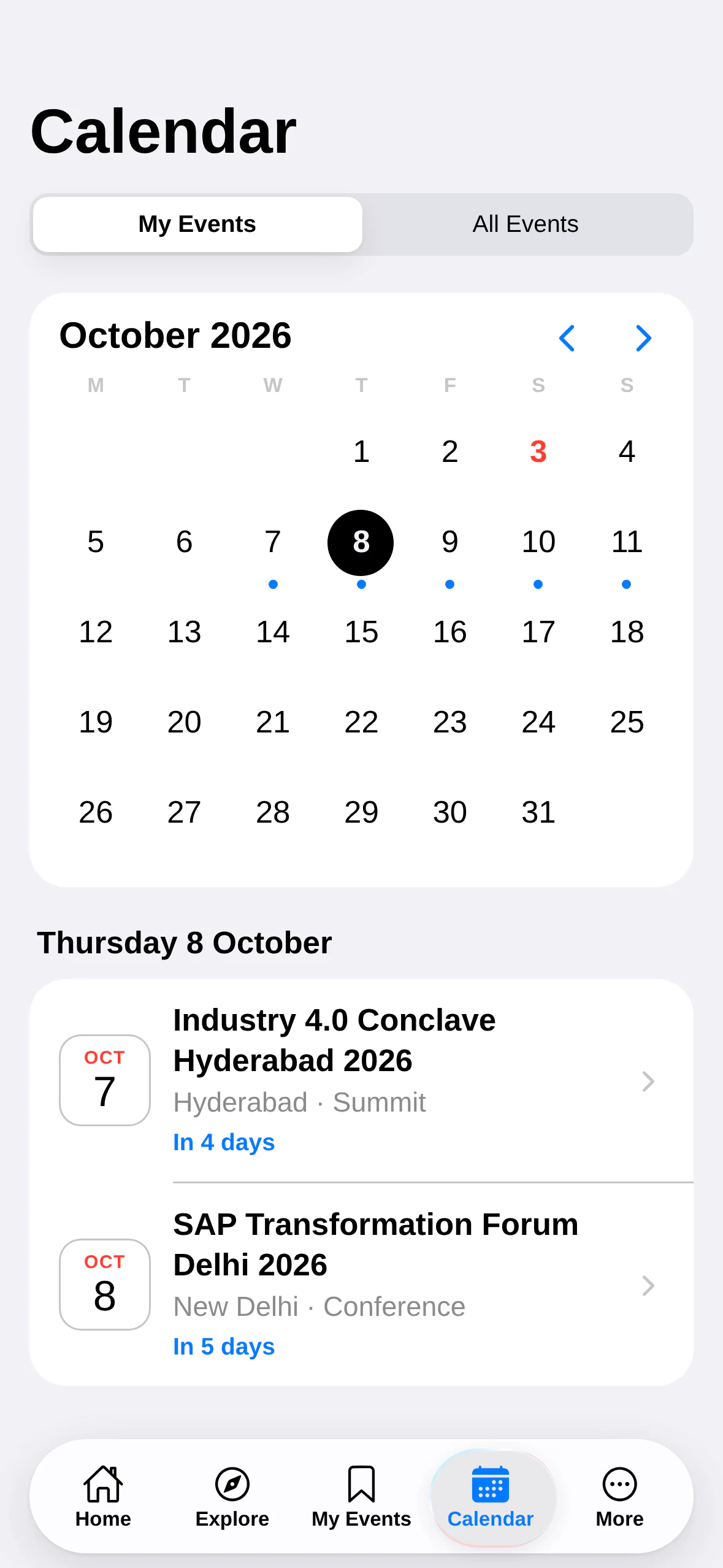Event Intelligence India: Calendar. The month at a glance with the day's events below.