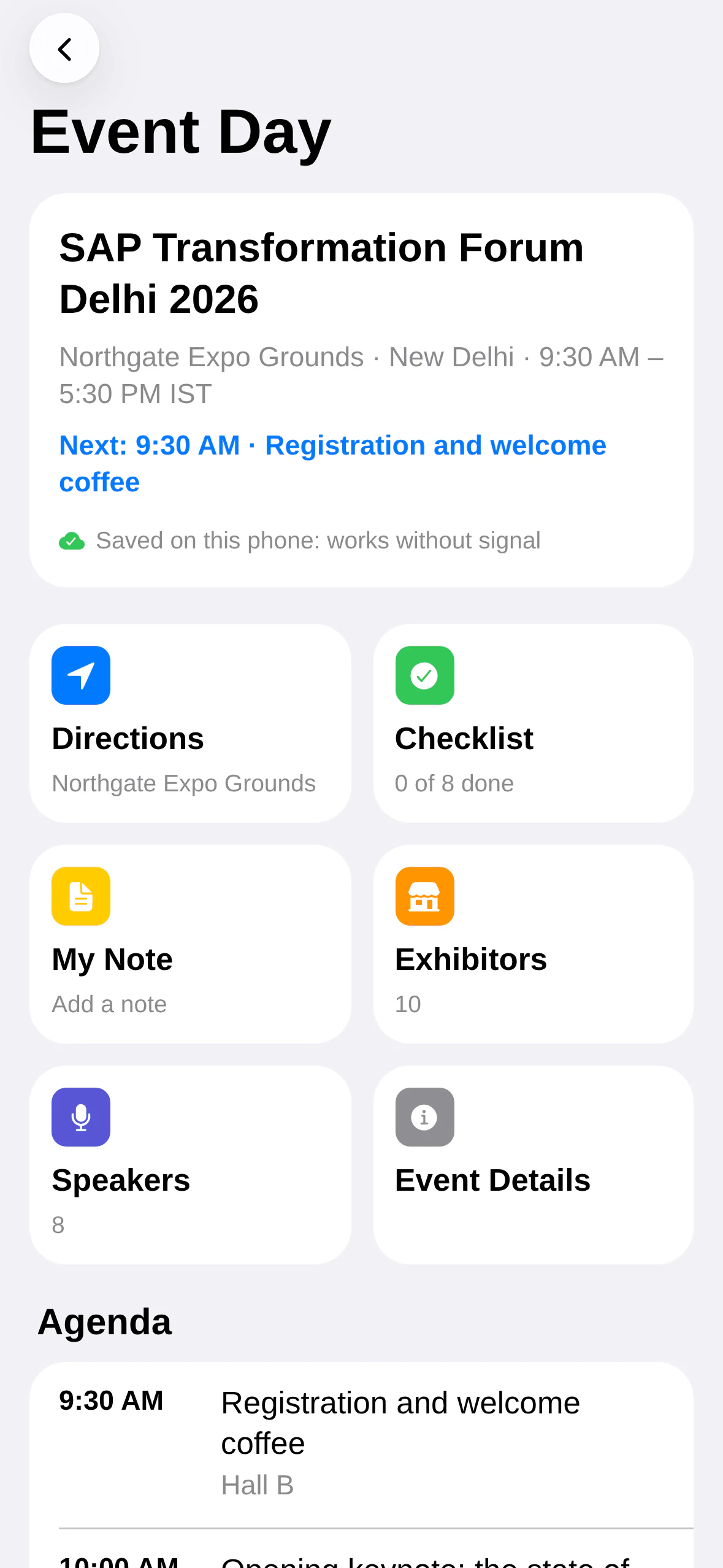 Event Intelligence India: Event Day. Next session, checklist, notes and agenda.