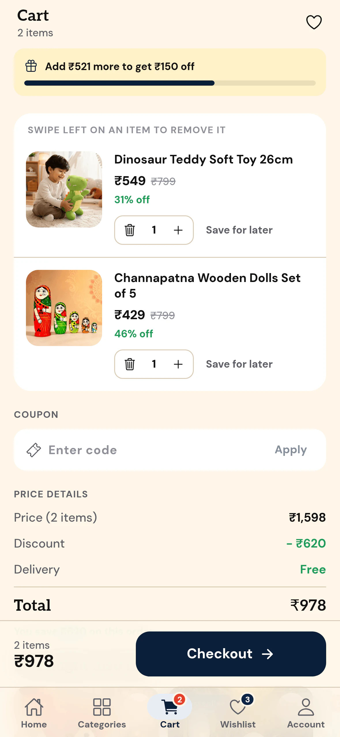 Toys Cartel: Cart. Offer progress and a clear price breakdown.