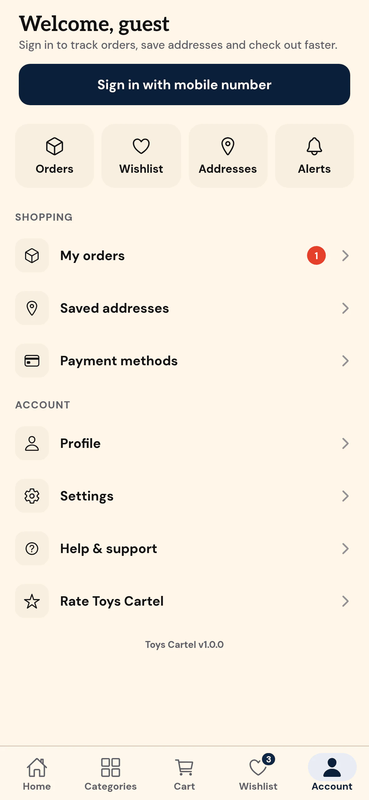 Toys Cartel: Account. Orders, addresses and settings, even as a guest.